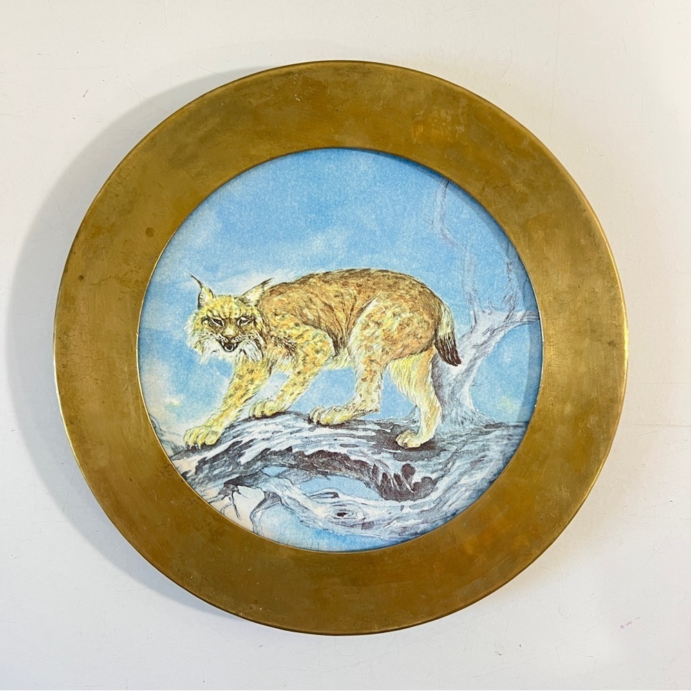 Vintage Ceramic Tile Brass Framed Lynx Wall Plate Rehau Keramik Cat Decoration